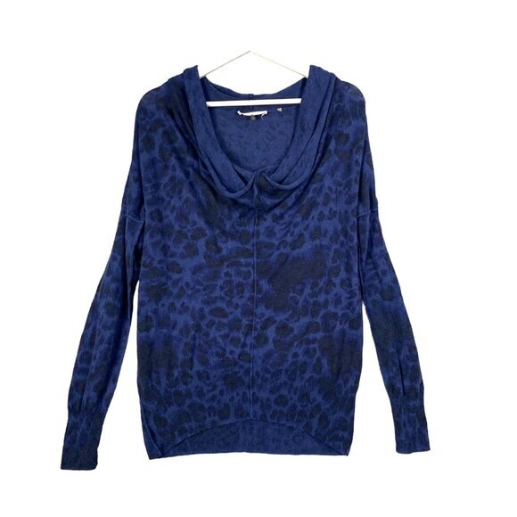 REBECCA TAYLOR Cowl Sweater Womens SZ L Wool Animal Leopard Cat Animal Knit Blue - Picture 1 of 7
